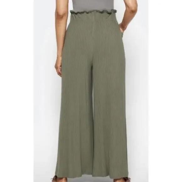 Free People Olive Ribbed Wide Leg Pants Smocked Waist Small Petite Preloved - Picture 5 of 5
